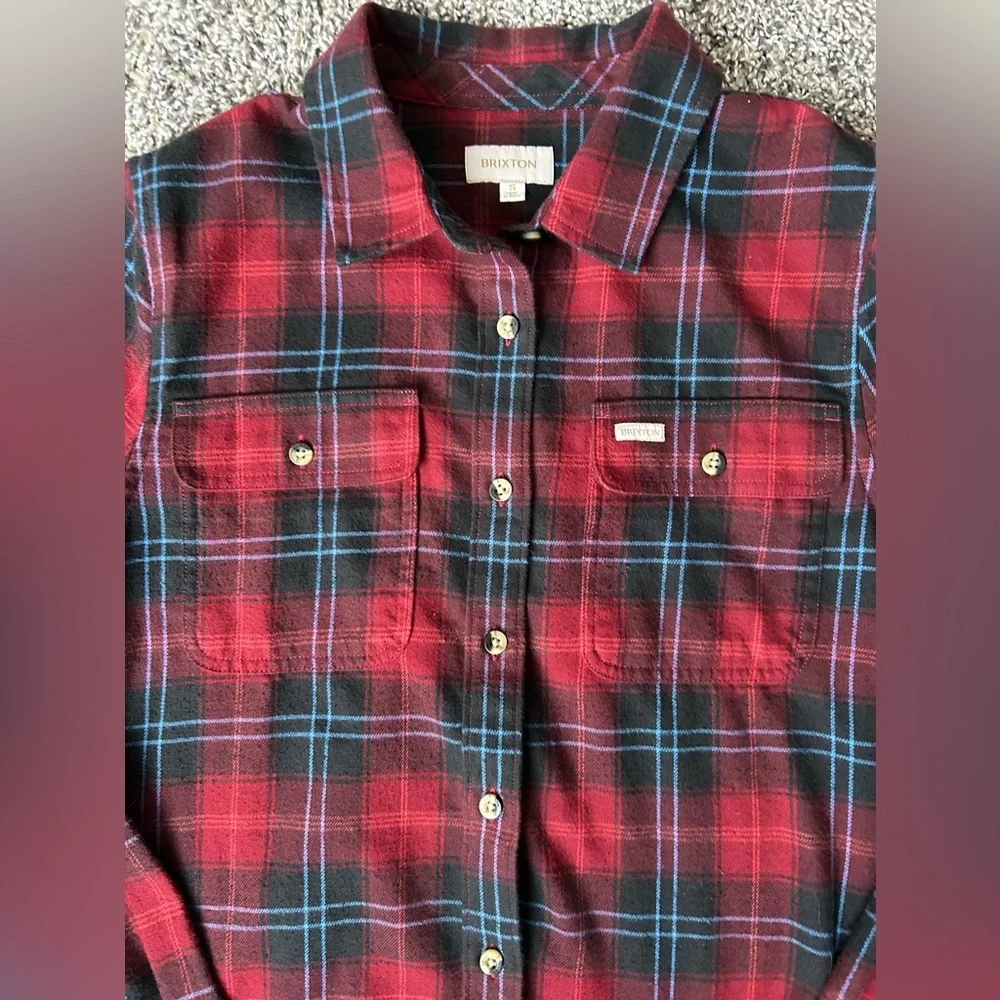 Brixton unisex button up flannel shirt in red, black and blue size small